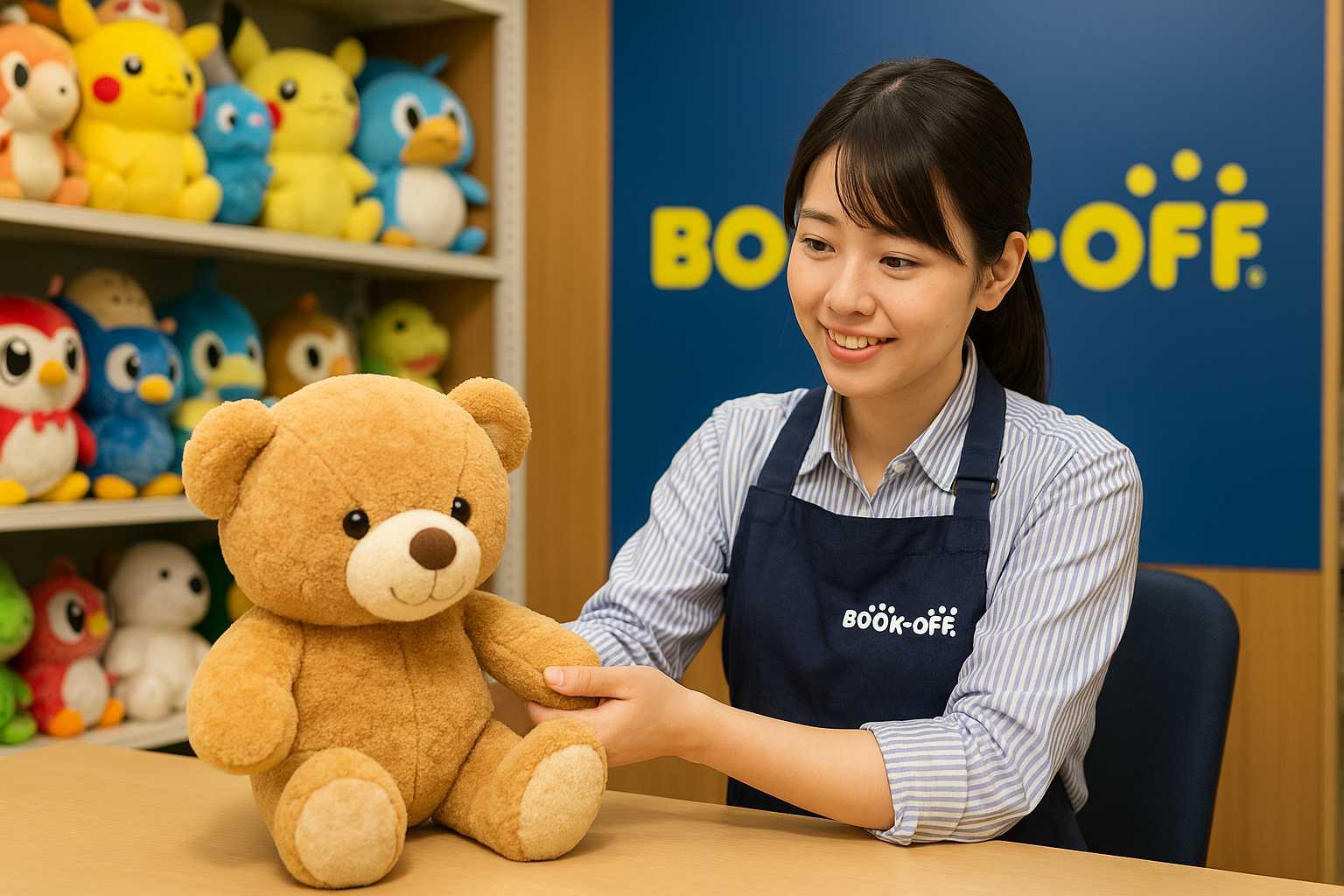 ブックオフの２０代日本人女性スタッフが店舗でぬいぐるみを査定している様子