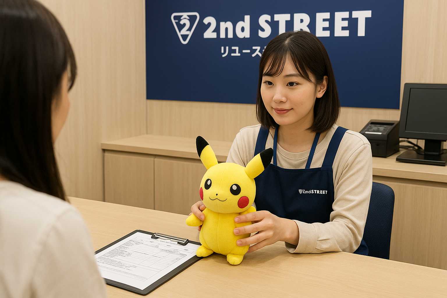 セカンドストリートで２０代日本人女性スタッフが店舗カウンターでスタッフがぬいぐるみを査定している様子