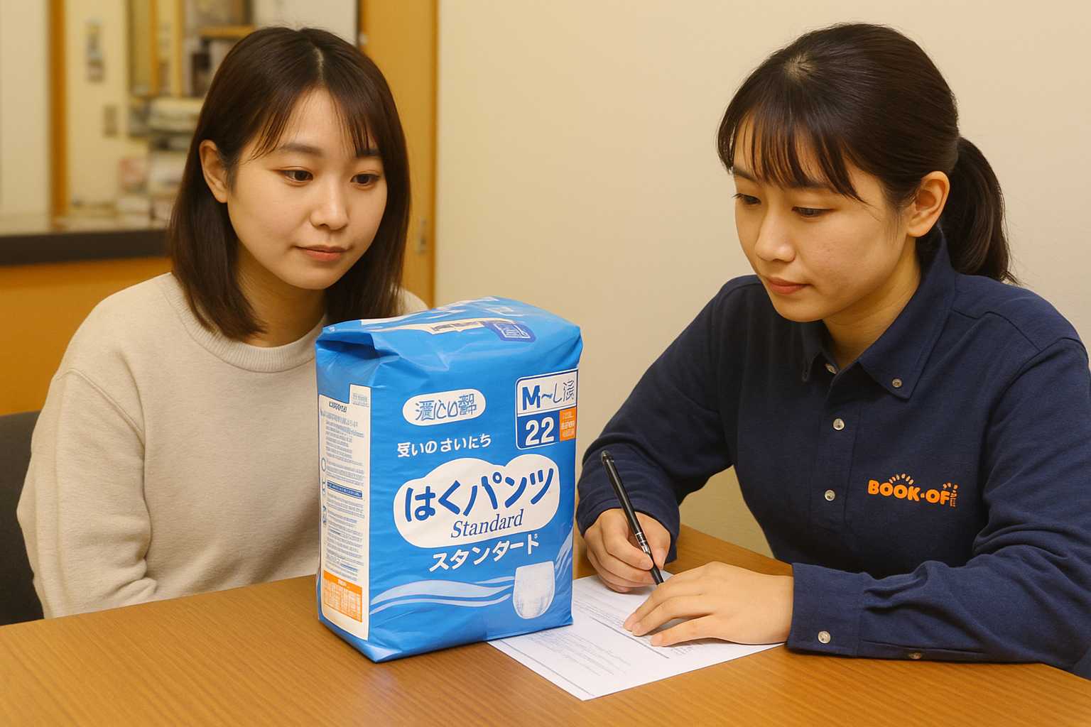 ブックオフのカウンターで査定を受ける介護用品のイラスト