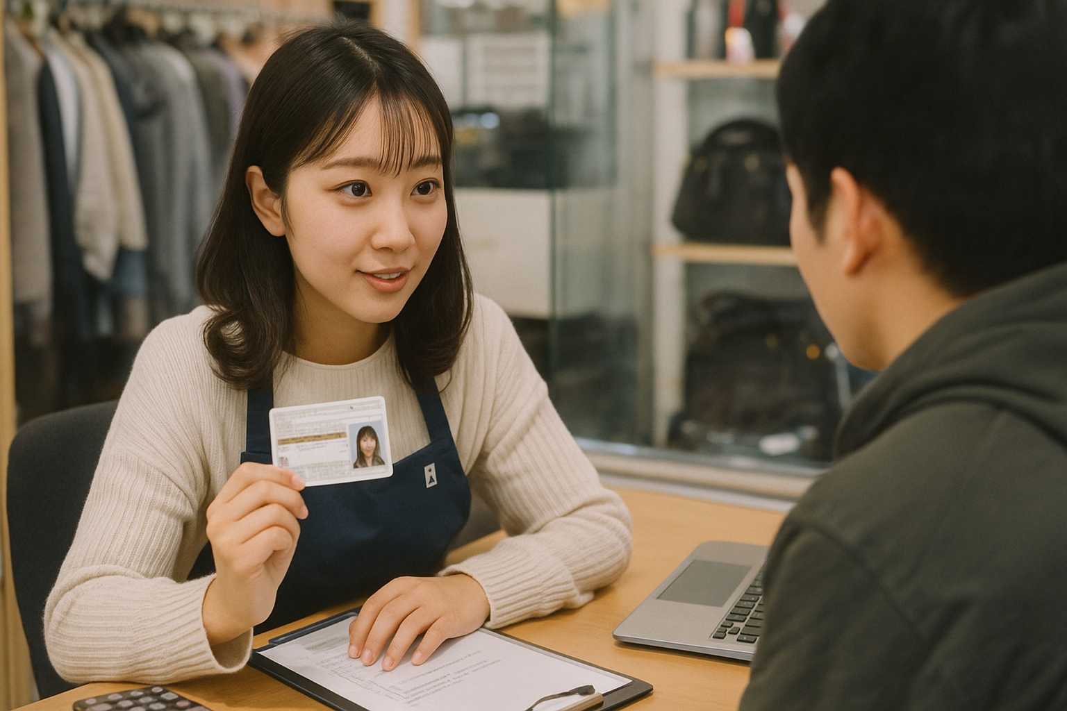 20代日本人女性スタッフがリサイクルショップで本人確認を行うスタッフのイメージ