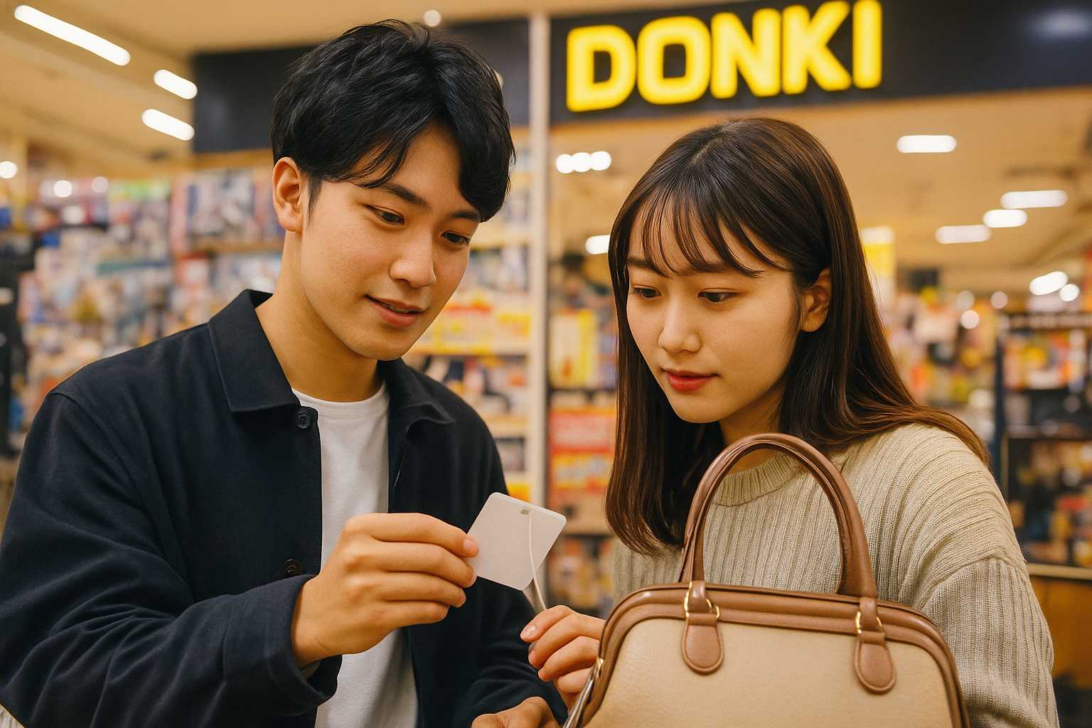 ・明るい店内のドン・キホーテ店舗を背景に、 ・20代の男女がブランド品を手に取り、タグを確認している様子 ・「信頼・安心・正規品チェック」をイメージさせるトーン ・現代的で清潔感のある雰囲気