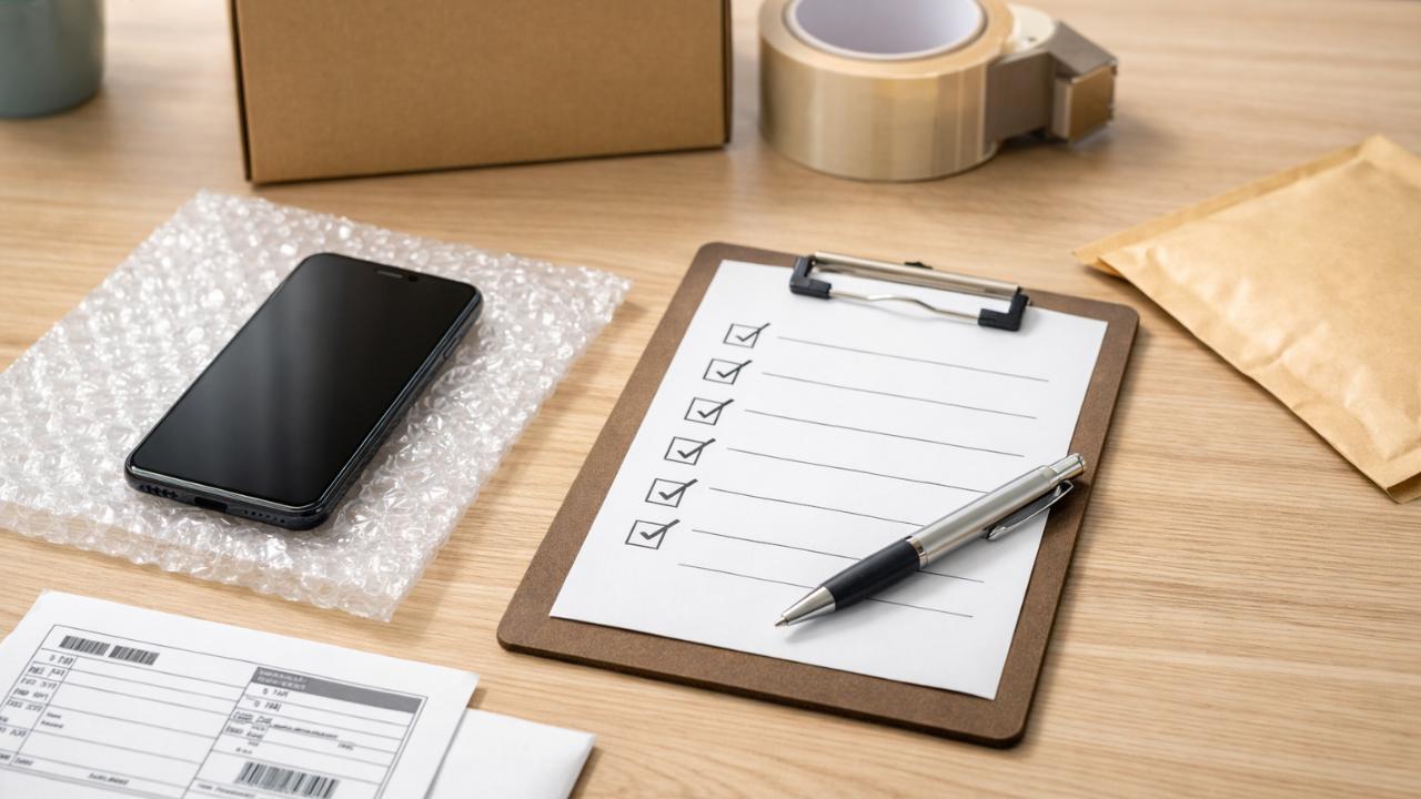 宅配でスマホを売るイメージ。机の上にスマホ、梱包材、伝票、チェックリストが並ぶ。