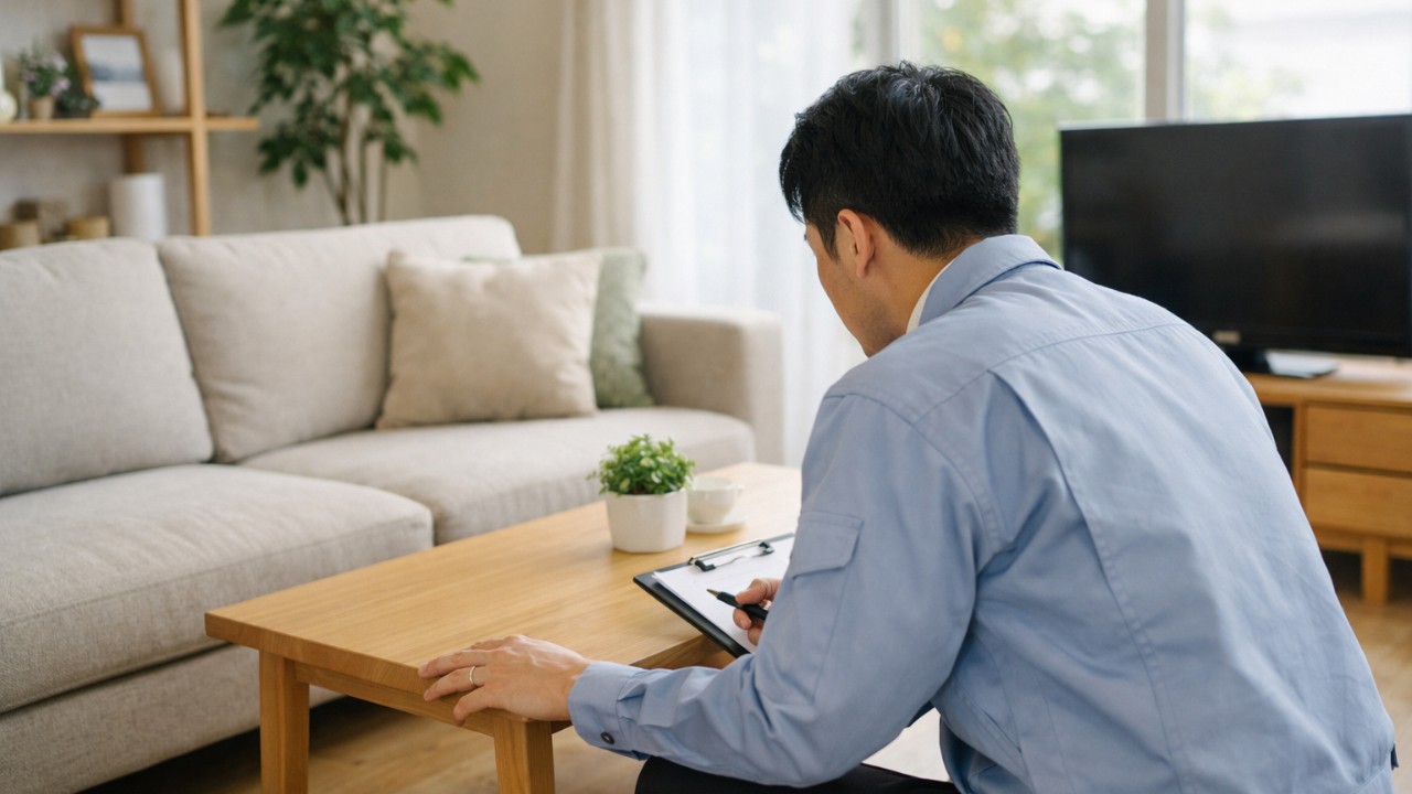 リビングで査定員がソファとテーブルをチェックしている