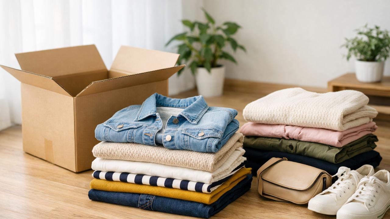 明るい室内で、段ボール箱の横にきれいに畳まれた衣類が並ぶ。宅配買取を連想させる雰囲気