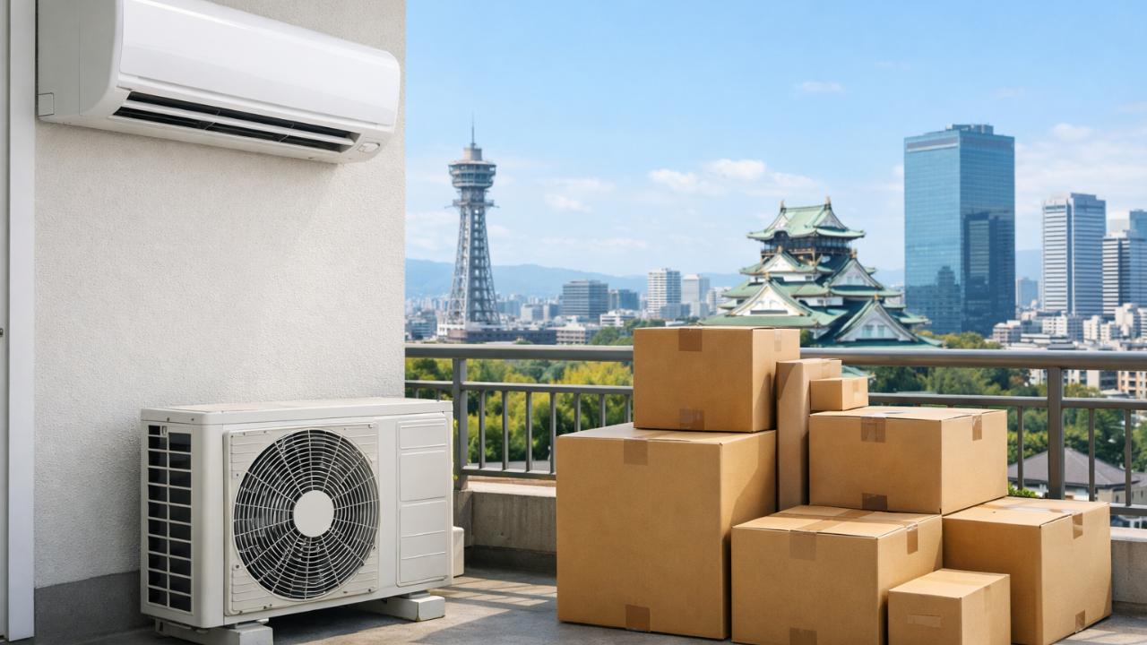 庭用壁掛けエアコンと室外機、引っ越し段ボールが並ぶ実写風イメージ