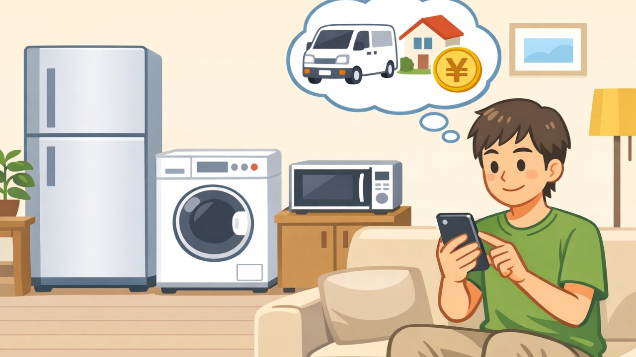 シンプルなリビング背景に冷蔵庫・洗濯機・電子レンジのアイコン、人物がスマホで「出張買取」を申し込む