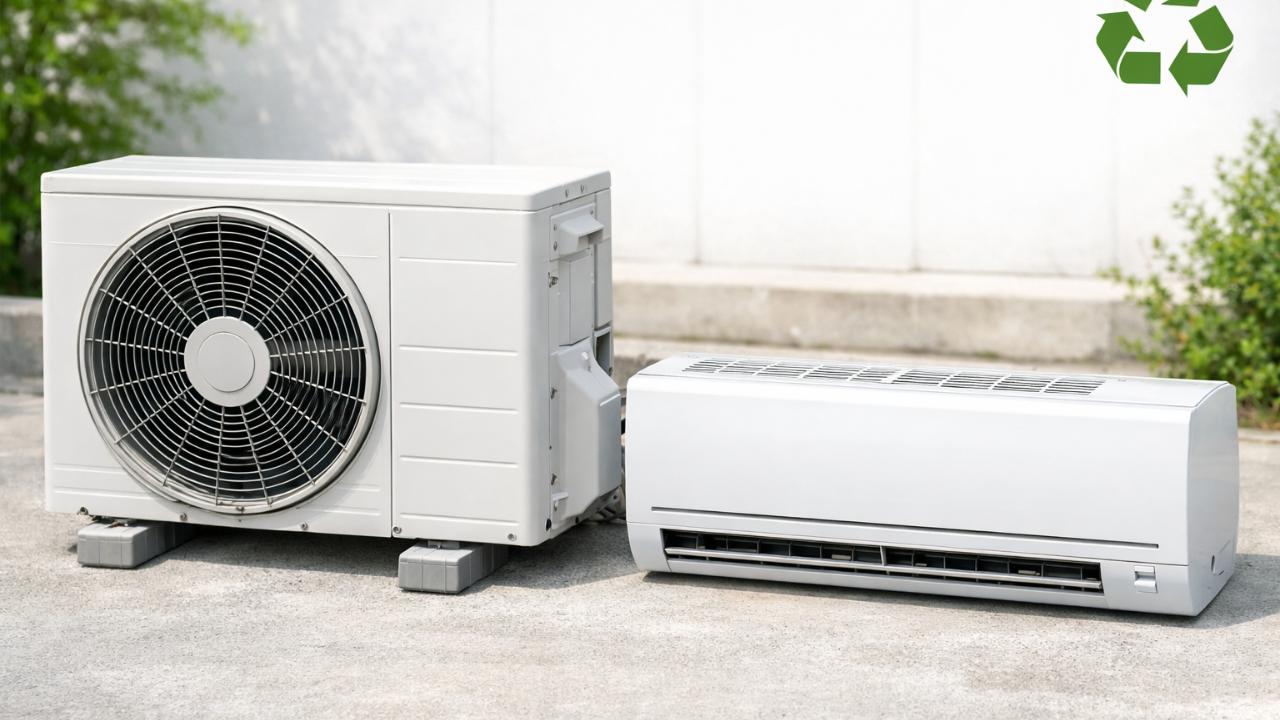 屋外に置かれた家庭用エアコンの室外機と室内機を横並びに配置