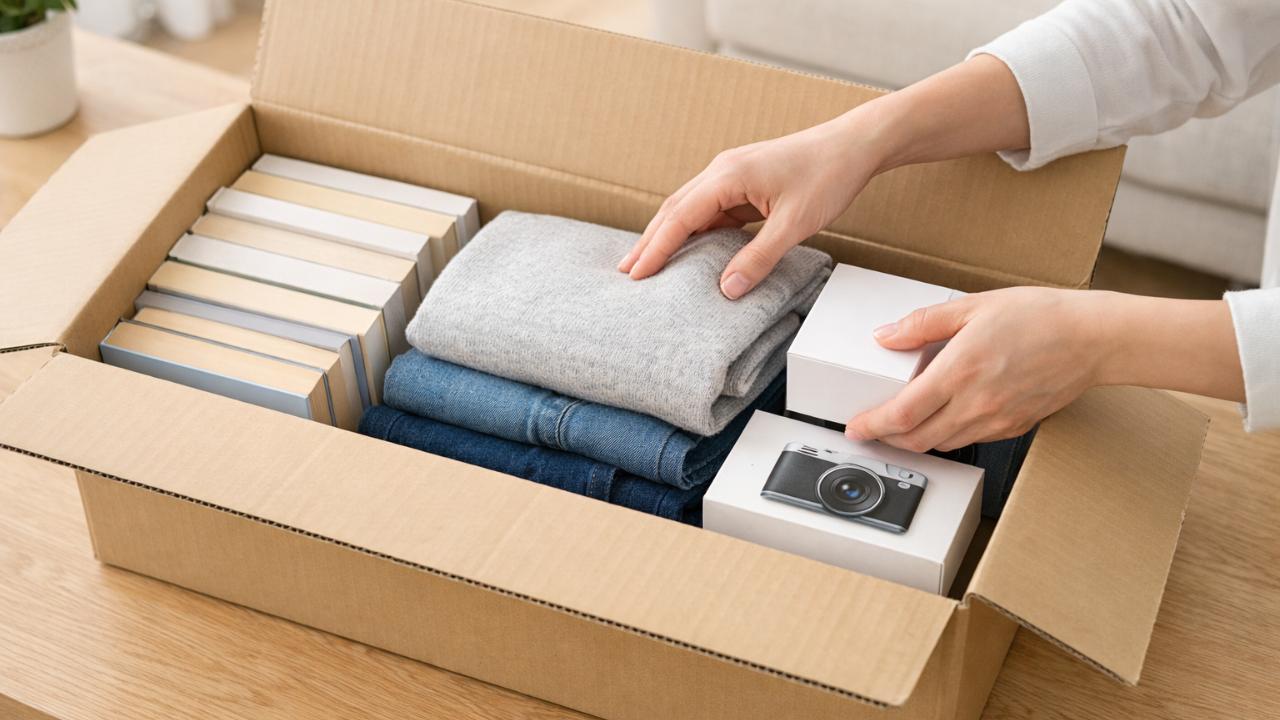 段ボール箱に本や衣類、小型家電の箱をきれいに詰めている