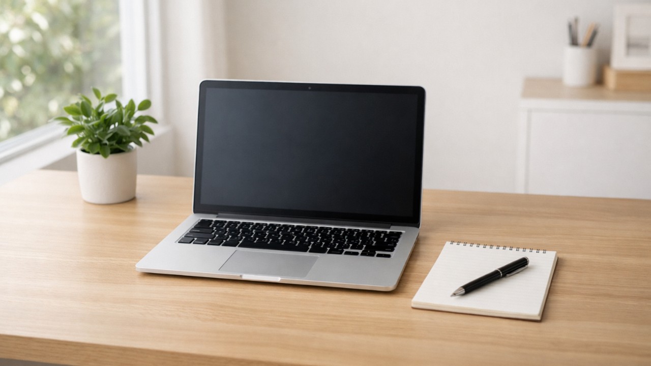 整ったデスク周りの写真風イメージ、机上はノートPCとメモとペンのみ