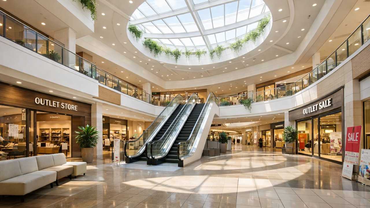 アウトレットモールの館内をイメージした明るい写真風