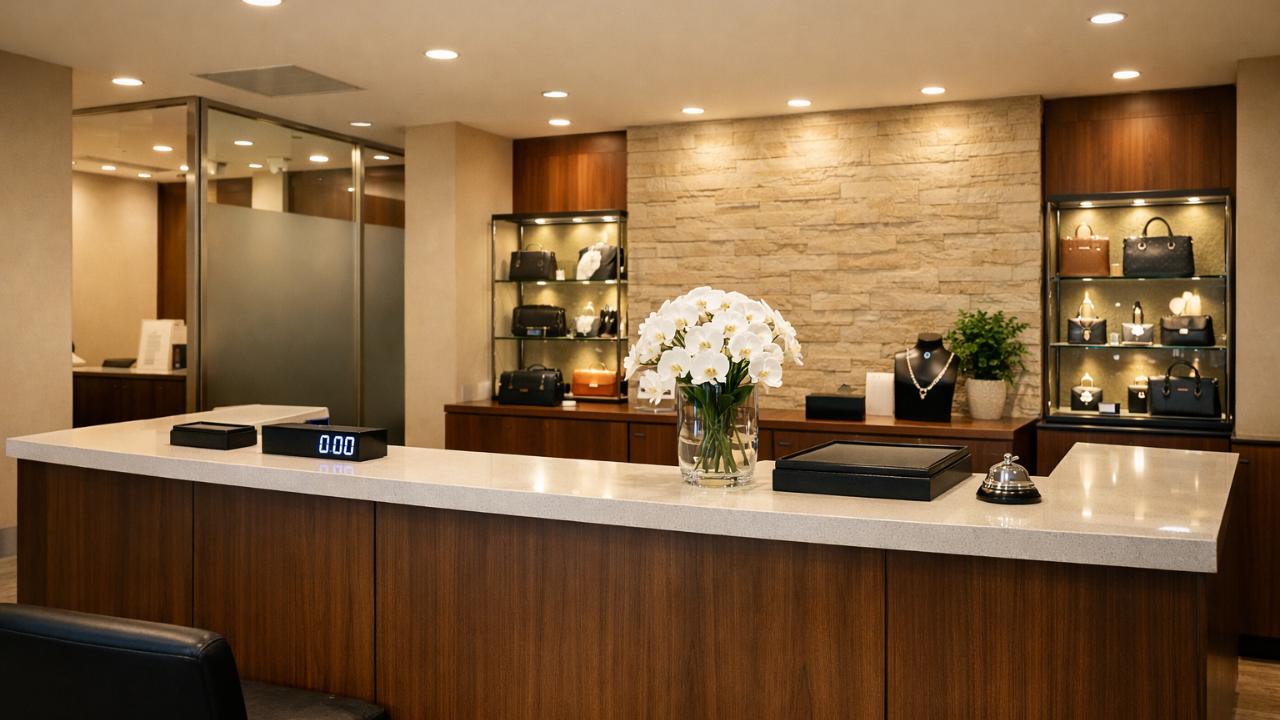 落ち着いた買取専門店の受付カウンター