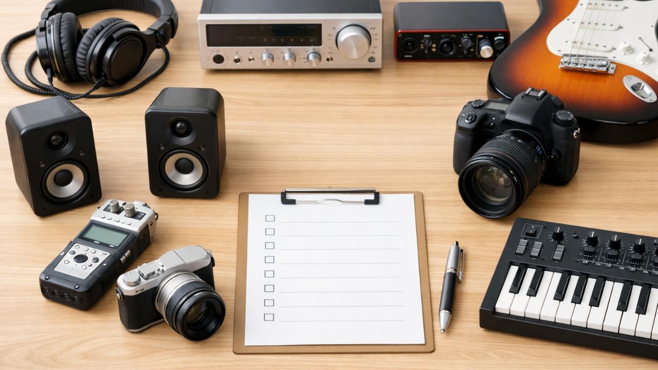 オーディオ機器・楽器・カメラが机に整然と並び、チェックリストとペンが置かれている