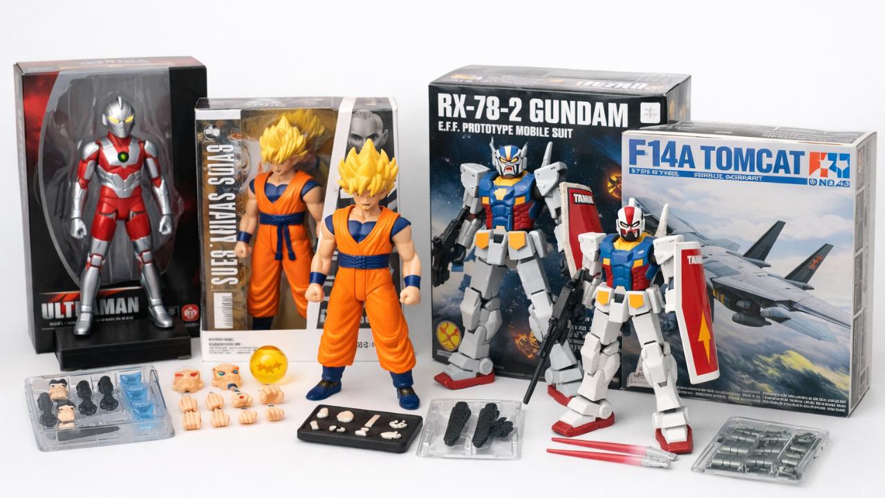 外箱と付属品が揃ったフィギュアとプラモデルの並び