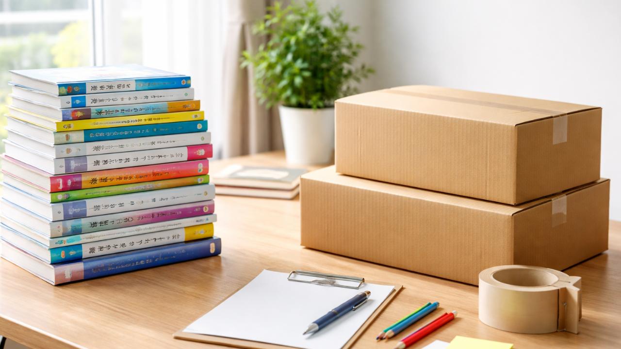 机の上に積まれた予備校テキストと段ボール
