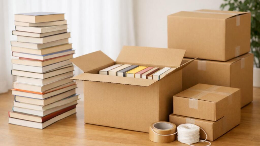 買取カウンターで日本人女性スタッフが本の査定をしている画像