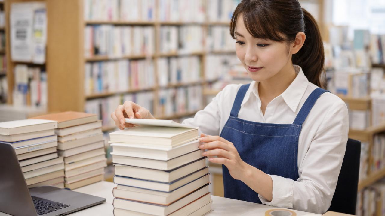 買取カウンターで日本人女性スタッフが本の査定をしている画像