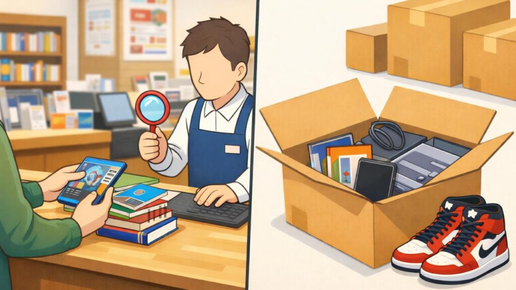 画面左に店頭(カウンターで査定)、右に宅配(段ボール梱包)