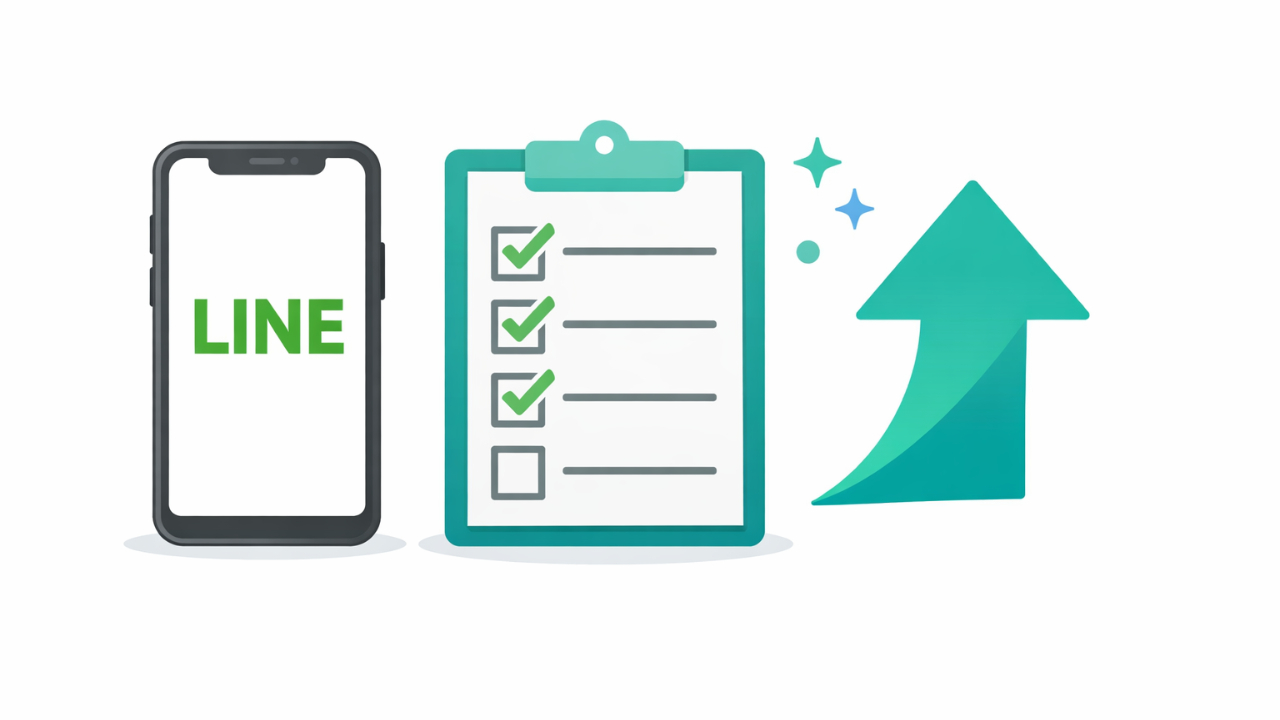 スマホ画面に「LINE」と表示、査定チェックリストと上向き矢印、シンプルなフラットデザイン