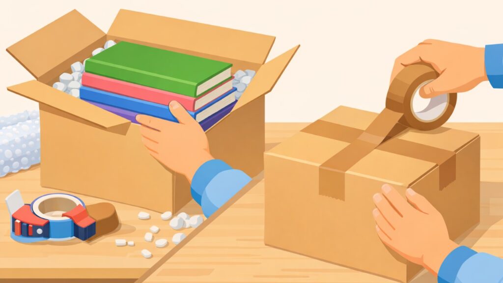 宅配買取の段ボールに本を詰めてガムテープで十字貼り、緩衝材で固定している様子