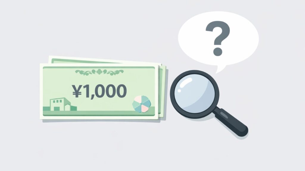 シンプルなフラットデザイン。商品券と虫眼鏡、吹き出しで「バレる？」