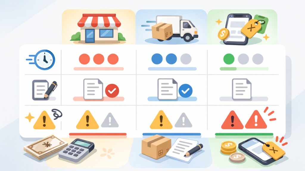 表をイメージしたフラット図解。店頭・宅配・フリマの3列、アイコンでスピード・証跡・トラブルを比較