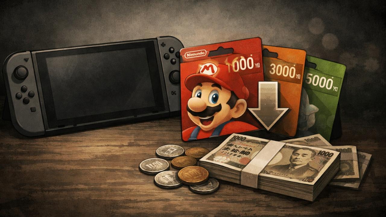 。ゲーム機とプリペイドカードのイラスト、落ち着いた配色、タイトル文字なし。「ニンテンドープリペイドカード 現金に戻す」