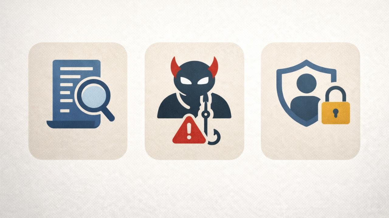 規約・詐欺・個人情報の3項目を抽象アイコンで並べたインフォグラフィック風