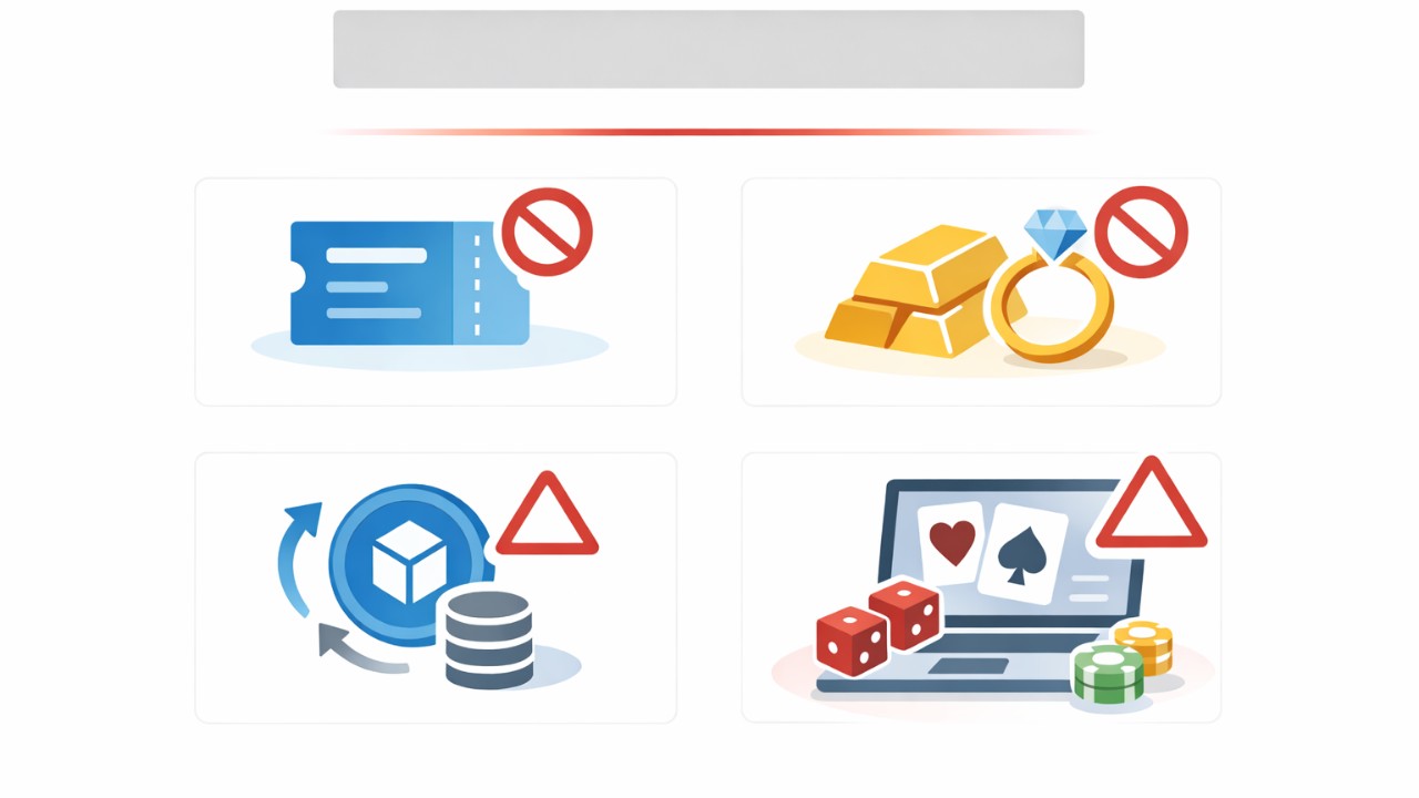 注意喚起のインフォグラフィック。禁止・注意のアイコン（チケット、貴金属、暗号資産、オンラインカジノなど）を並べ、「利用制限になりやすい取引の例」と見出し