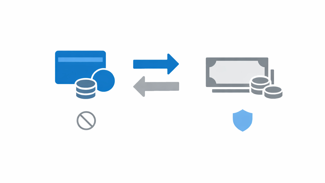ニマルなインフォグラフィック。左に「プリペイド残高」、右に「現金」。矢印で違いを示し、下に短い注釈「払い戻し不可の前提」「支出の付け替えで現金温存」