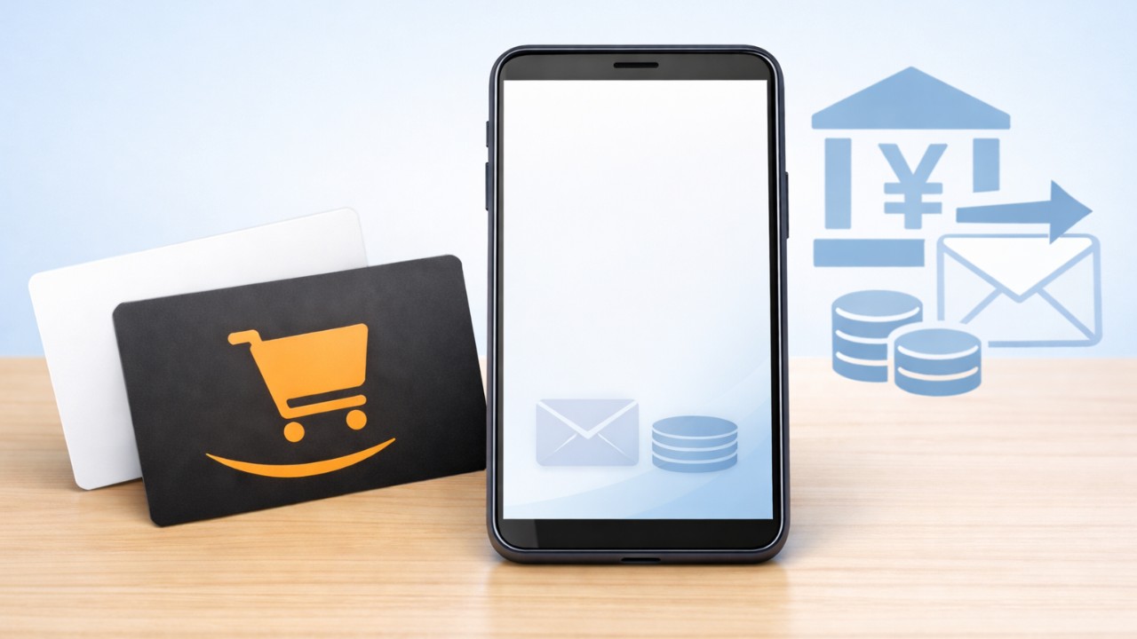 机の上にギフトカード風のシンプルなカード（AmazonとAppleを想起させるがロゴは使わない抽象表現）