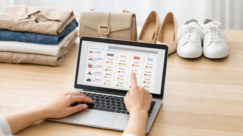 セカンドストリート、明るい室内で、売る予定の洋服・バッグ・靴を机に整然と並べ、ノートPCで買取サービスを比較している日本人の手元