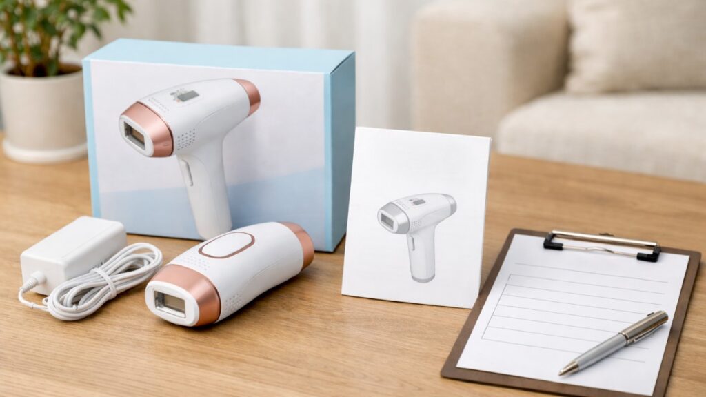 家庭用脱毛器、本体箱、説明書、充電アダプター、査定用のメモを整然と並べた構図