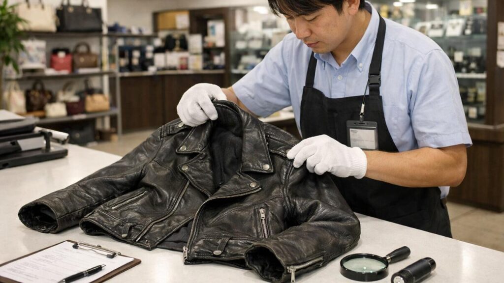 ユースショップの査定カウンターに置かれた黒の革ジャン、スタッフが状態を確認している場面