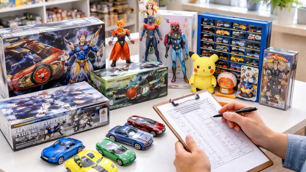 ユースショップでおもちゃ査定を検討する日本人の手元、フィギュア・ミニカー・変身玩具・箱付きおもちゃが整然と並ぶ