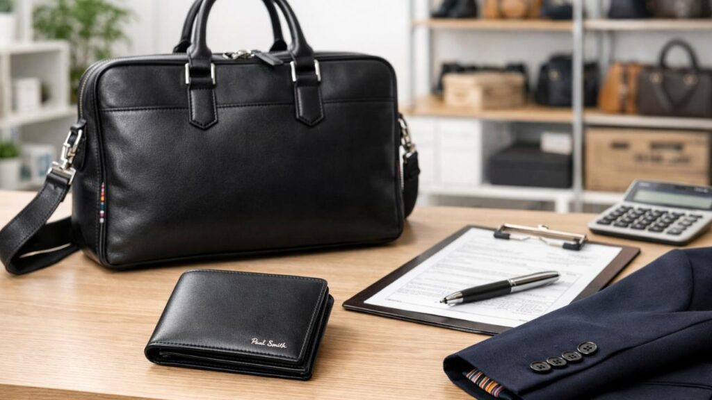 セカンドストリートでポールスミスを買取に出すことをテーマにしたブログ用アイキャッチ画像。デスクの上にレザー財布、ビジネスバッグ、スーツの一部が整然と置かれ、査定や整理を連想できる構図