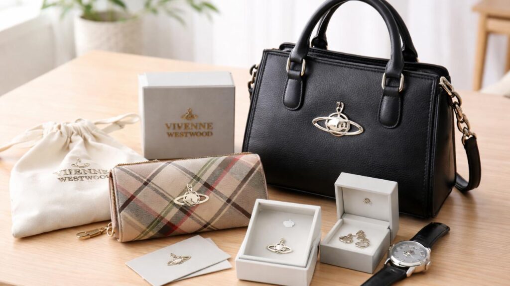 セカンドストリートでヴィヴィアンウエストウッドの買取　ヴィヴィアン風のバッグ、財布、アクセサリー、小さな箱や保存袋を整然と配置し、査定前の準備感が伝わる構図