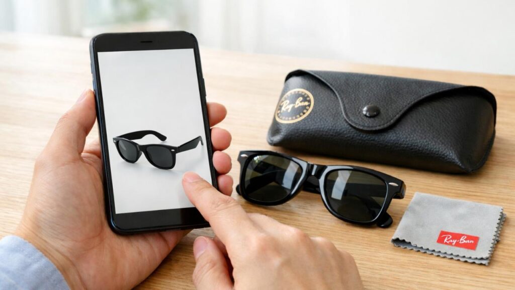 セカンドストリートでレイバンの買取価格を調べる日本人の手元、黒いWAYFARER風サングラス、ケースとクロスを机に並べた構図