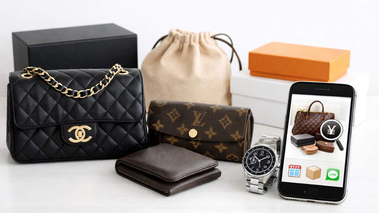 ブランドバッグ、財布、腕時計、保存袋、箱を整理して配置。スマホ画面には無料査定のイメージを表示