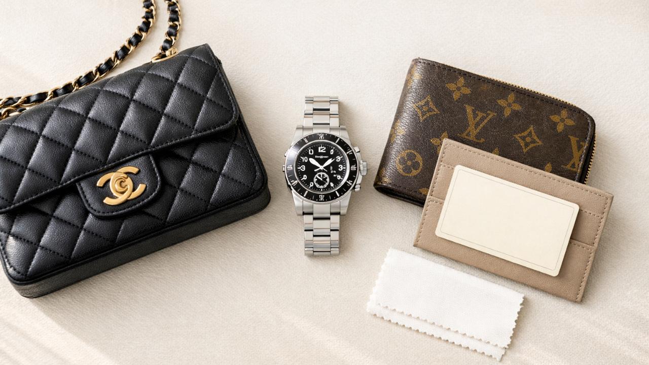 高級感のある明るい室内で、ブランドバッグ、腕時計、財布、保証書風のカードを整然と配置したフラットレイ