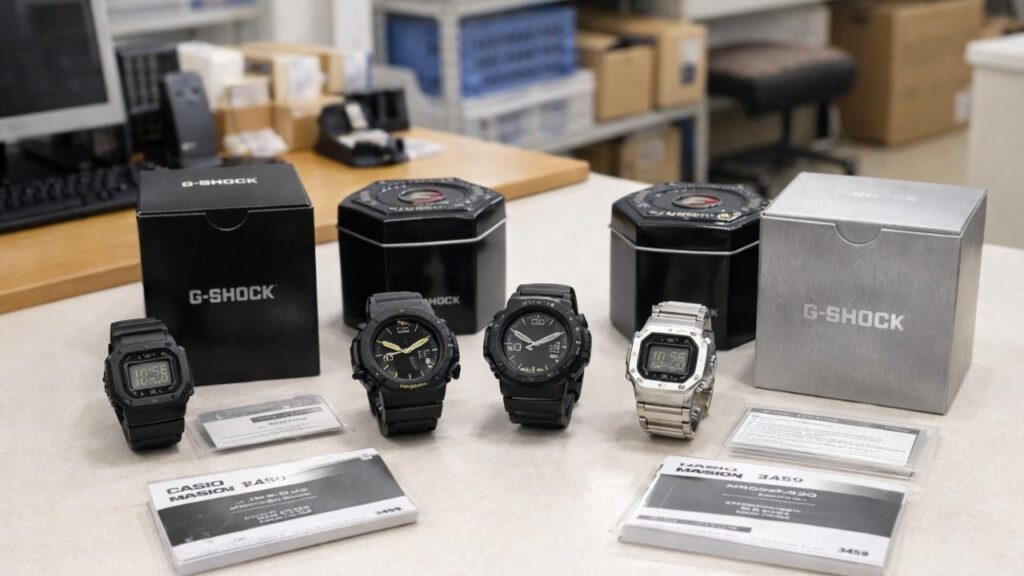 g-shock本体と箱や説明書を整理するイメージ