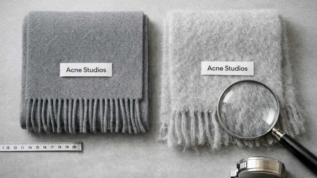 高級感のある北欧テイストのマフラー比較ビジュアル。グレー系の背景に、上質なウールマフラーとモヘア風マフラーを並べ、タグ、フリンジ、素材感、サイズ確認を連想させるメジャーと拡大鏡を自然に配置