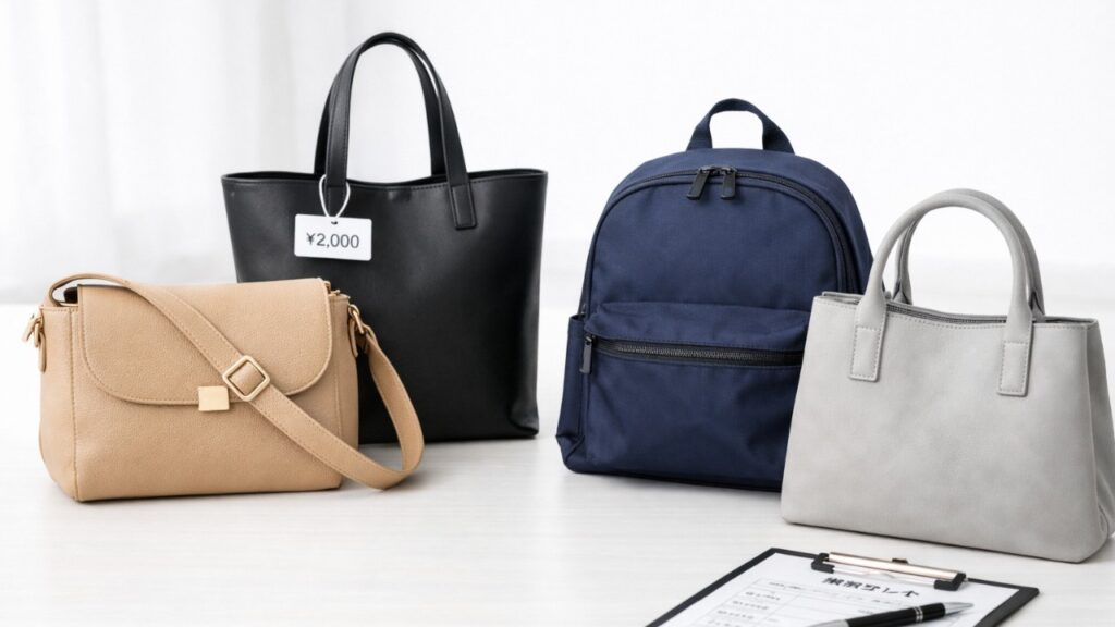 明るい室内で、シンプルなノーブランドバッグを3点ほど並べた日本向けブログ用アイキャッチ