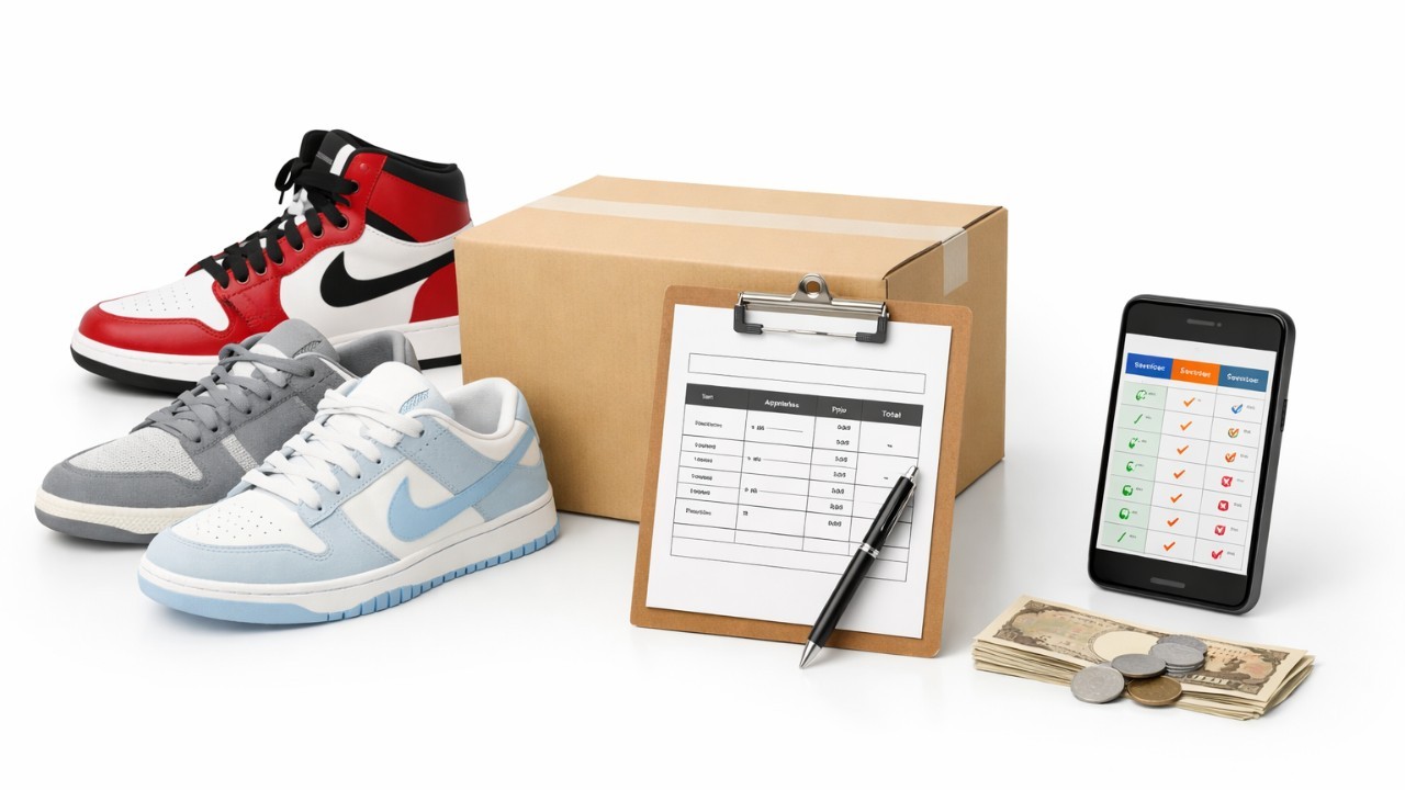 清潔感のある白背景の上に、人気スニーカーを連想させる複数のローカット・ハイカットシューズ、段ボール、査定票