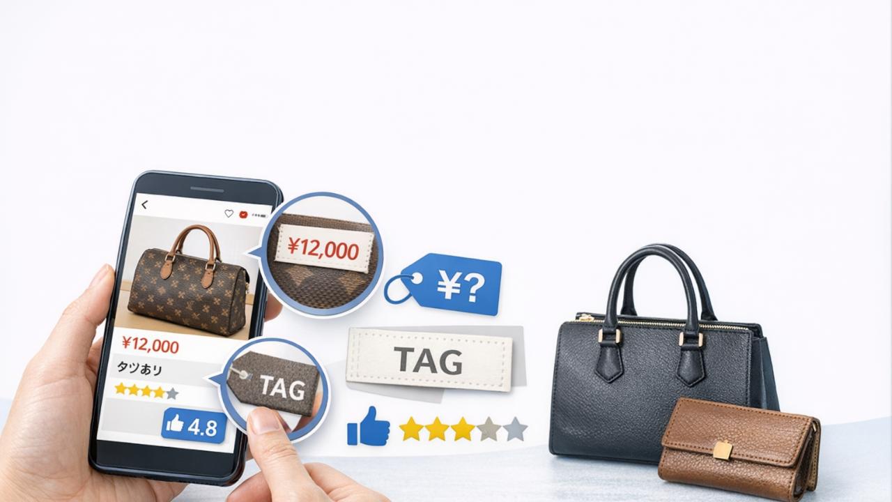 スマホ画面でフリマアプリの商品写真を確認しながら、価格・タグ・評価をチェックしている様子