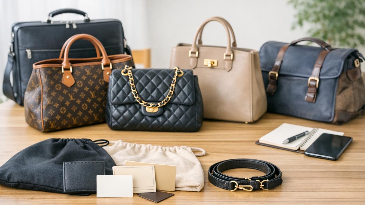 明るく清潔感のある室内で、テーブルの上に複数のレディースバッグとメンズバッグが整然と並び、手前には保存袋やギャランティーカード風の小物、奥には査定を連想させるスマートフォンとメモ帳を配置