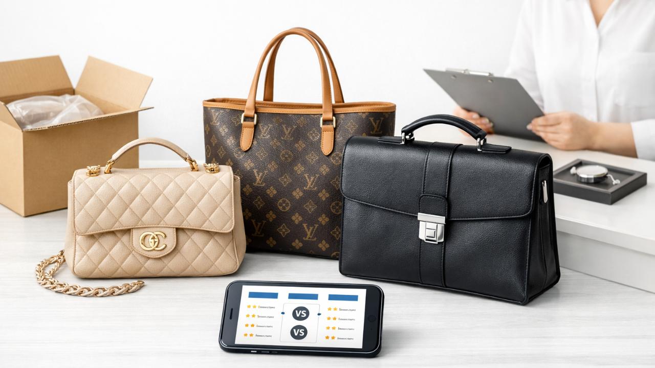 ランドバッグ買取の比較記事用アイキャッチ。清潔感のある白と淡いグレー背景。中央に上品なハンドバッグ、トートバッグ、メンズバッグをバランスよく配置