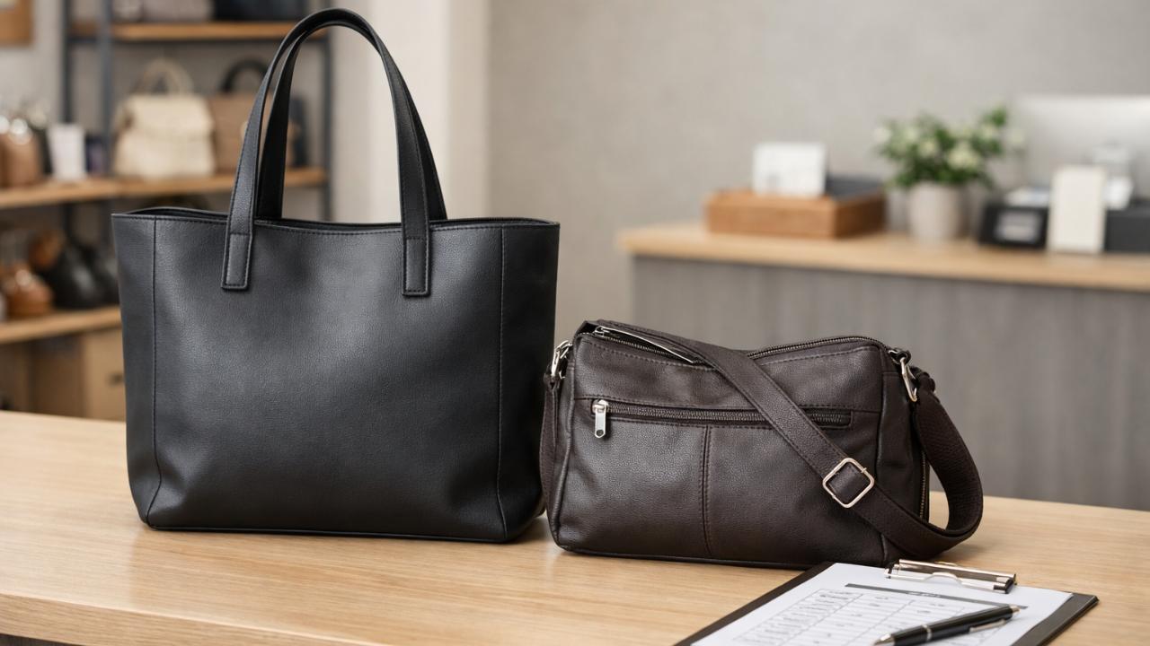 ノンブランドのシンプルなトートバッグとショルダーバッグを査定カウンターに並べた構図