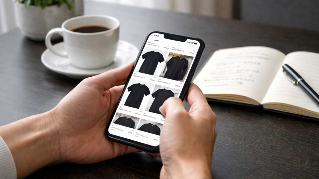 スマートフォンで中古通販の商品画像を比較しながらTシャツ購入を検討している場面