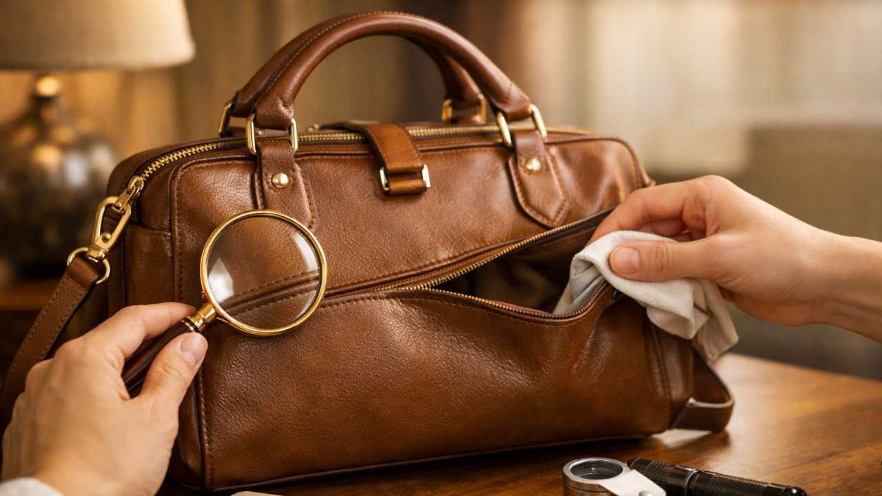 高級感のあるブラウン系レザーバッグを、落ち着いた室内光の下でテーブル上に置き、購入前チェックをしている手元を写したブログ用アイキャッチ
