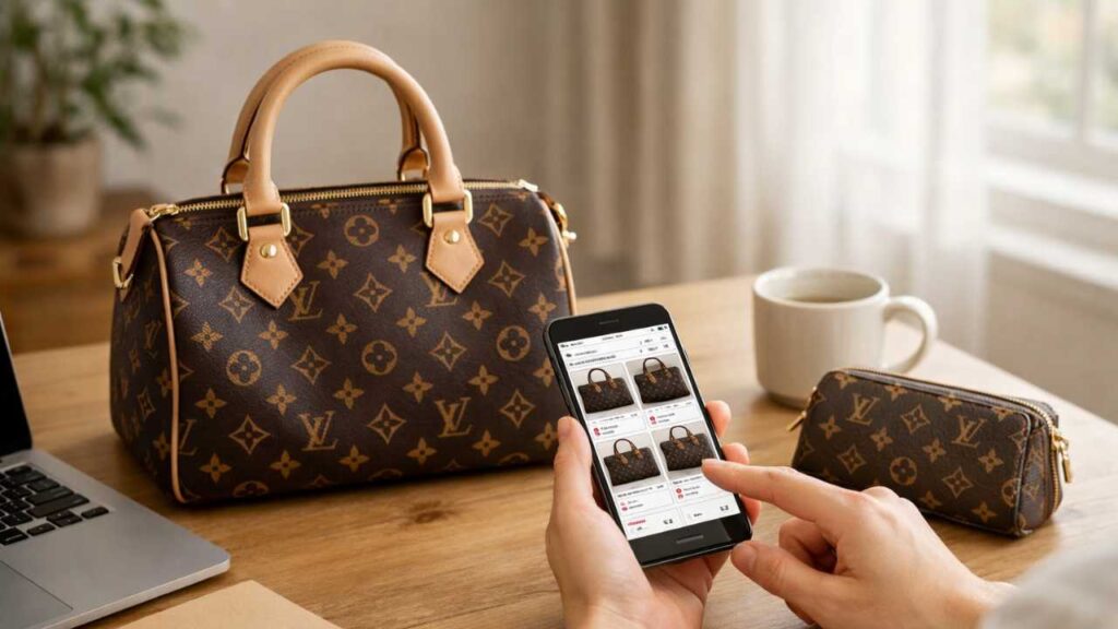 メルカリで高級ブランドバッグを慎重に比較している様子、スマホ画面とヴィトン風の上品なモノグラム調バッグが机の上に置かれている構図